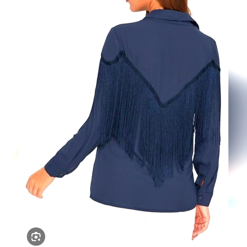 NEW...Chic Navy Fringe Button-Up Shirt..SIZE:L - Picture 3 of 13